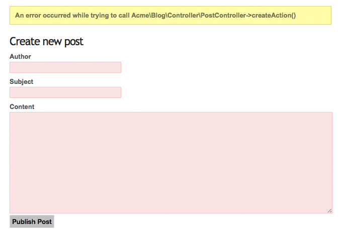 Validation errors shown in form